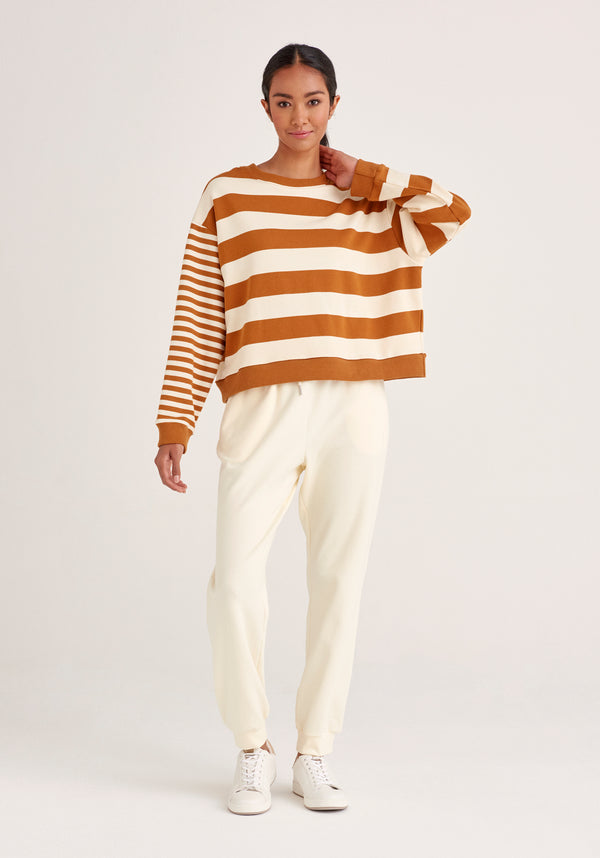 Paisie Contrast Stripe Sweatshirt in Cream and Brown